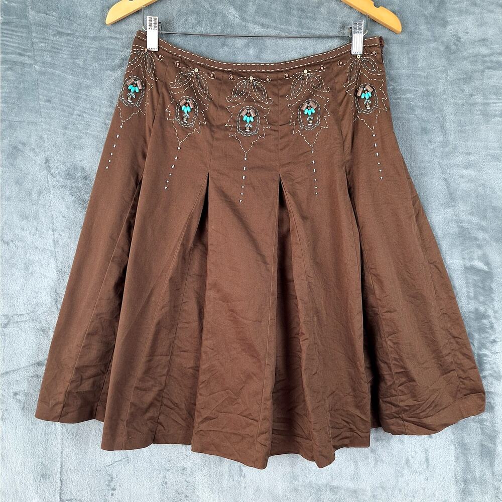 Brown Embroidered Midi Skirt with Turquoise Accents
